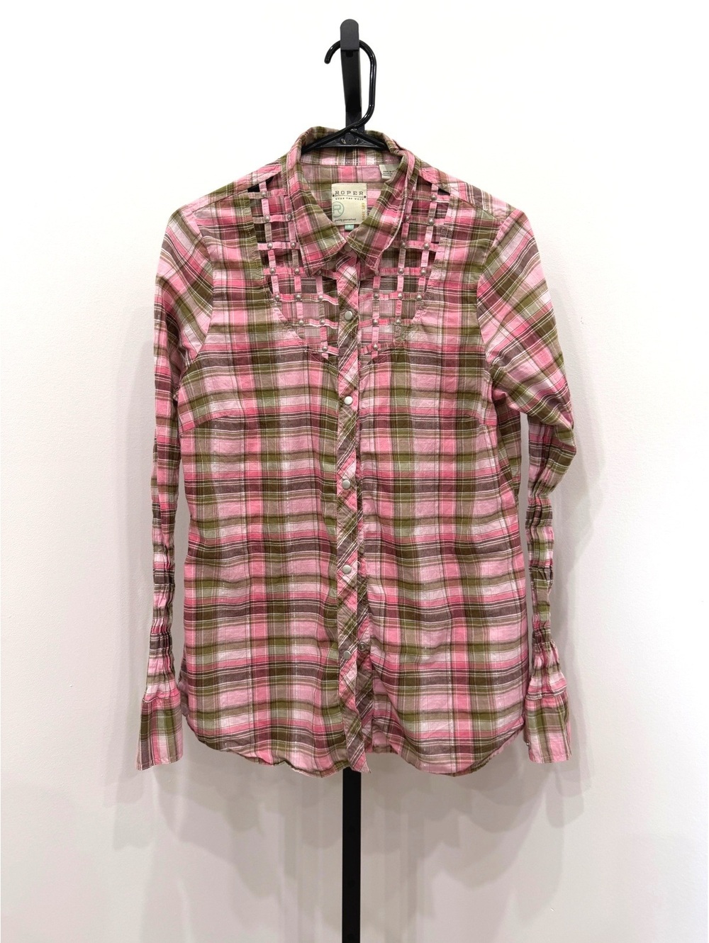 Roper Pink and Olive Plaid Western Shirt with Cutout Detail Size L